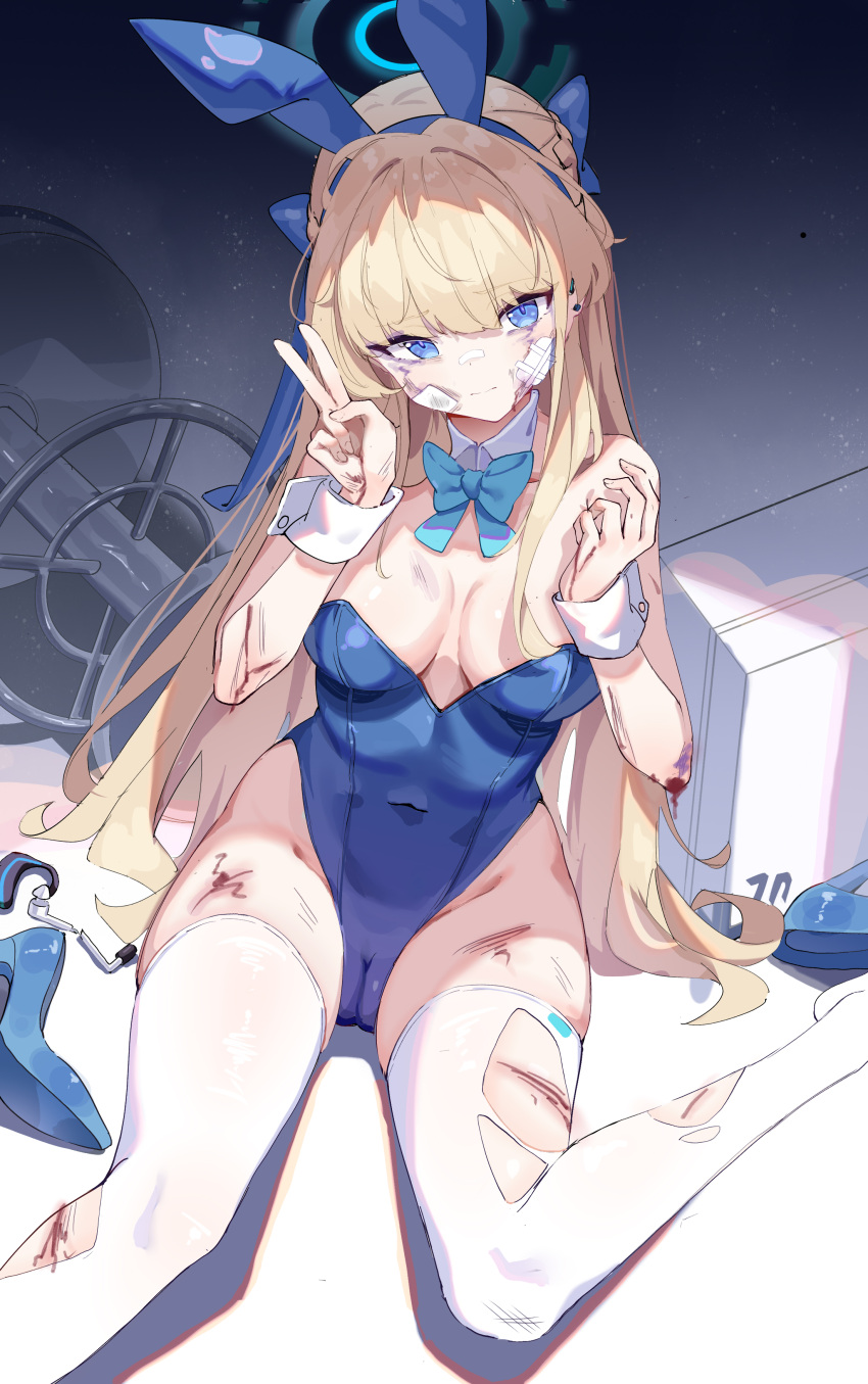 absurdres animal_ears bad_id bad_pixiv_id blonde_hair blue_archive blue_eyes blue_halo blue_leotard breasts cleavage etoile fake_animal_ears female halo highres injury leotard long_hair looking_at_viewer medium_breasts official_alternate_costume playboy_bunny rabbit_ears sitting solo strapless strapless_leotard thighhighs toki_(blue_archive) toki_(bunny)_(blue_archive) torn_clothes torn_thighhighs v white_thighhighs