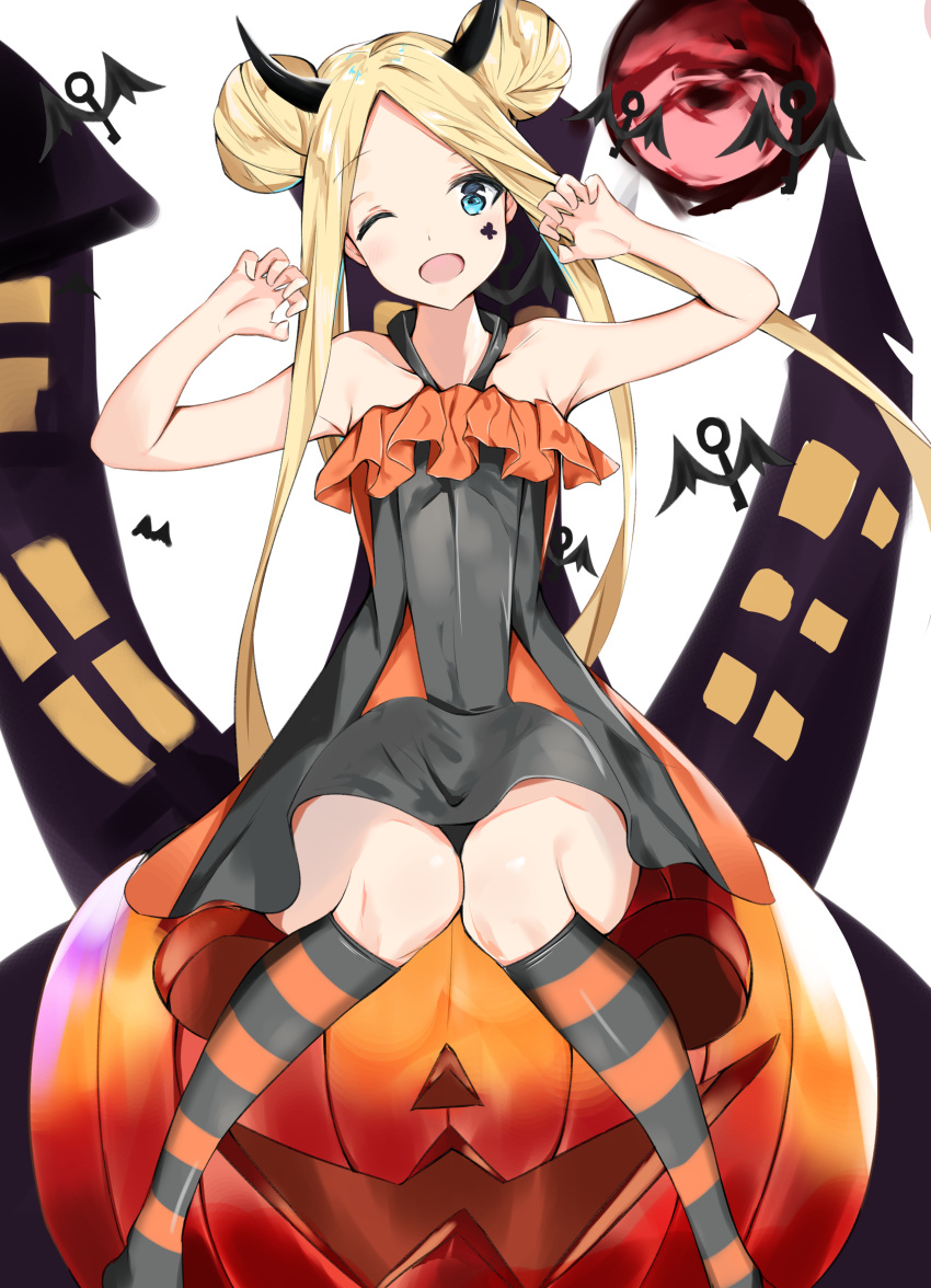 abigail_williams_(fate) absurdres bare_arms bare_shoulders bat_(animal) black_socks blonde_hair blue_eyes collarbone commentary double_bun dress facial_mark fate/grand_order fate_(series) female hair_bun halloween highres horns kneehighs long_hair looking_at_viewer one_eye_closed orange_socks parted_bangs sitting smile socks solo yukaa