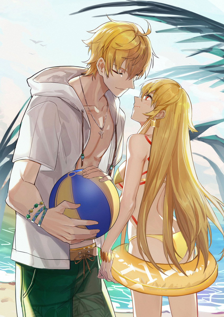 1boy ahoge alternate_costume arthur_pendragon_(fate) arthur_pendragon_(hero_on_the_beach)_(fate) ball bare_shoulders beach beachball bikini breasts closed_eyes commentary day fate/grand_order fate_(series) female genderswap_(mtf) gilgamesh_(fate) highres holding holding_swim_ring hood innertube k7_(kk7_000) long_hair looking_at_another medium_breasts outdoors red_eyes rule_63 short_sleeves smile swim_ring swimsuit symbol-only_commentary water yellow_bikini