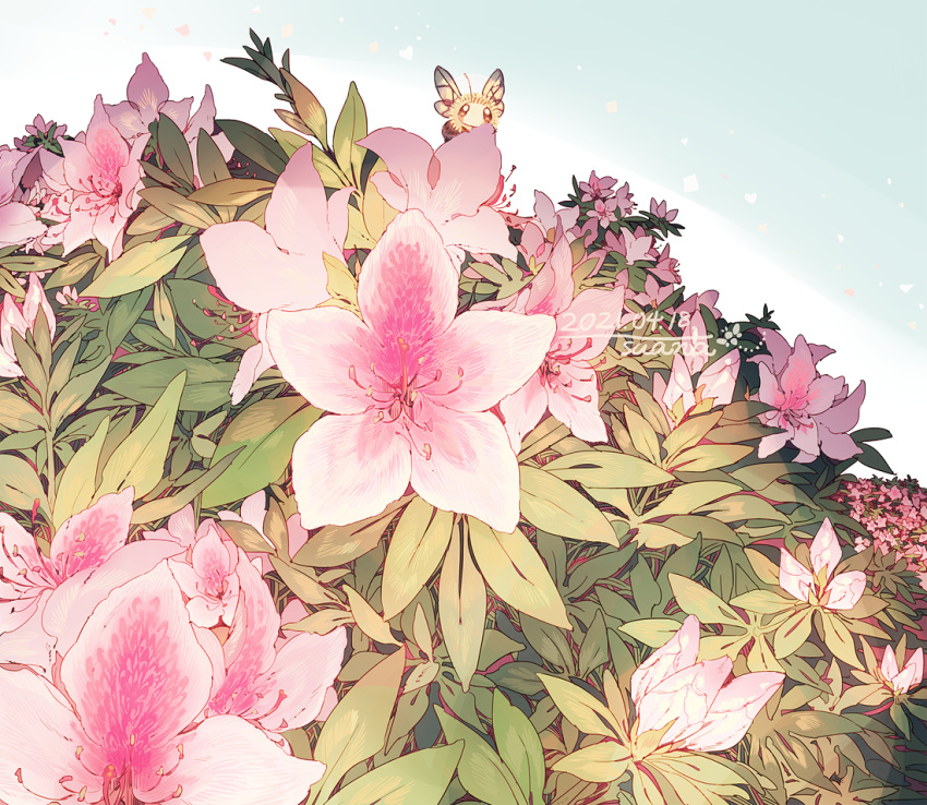 artist_name azalea_(flower) bad_id bad_pixiv_id bee bug dated flower lemming_no_suana no_humans original outdoors pink_flower