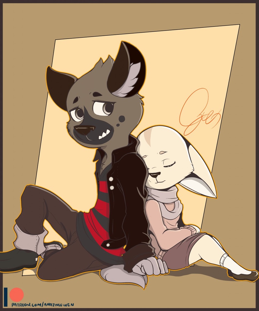 aggretsuko amazinggwen anthro bottomwear canid canine clothed clothing daww digital_media_(artwork) duo female fennec_fox fenneko fox haida_(aggretsuko) hi_res hyena jacket larger_male male male/female mammal relaxing sanrio size_difference skirt sleeping smaller_female spotted_hyena topwear true_fox