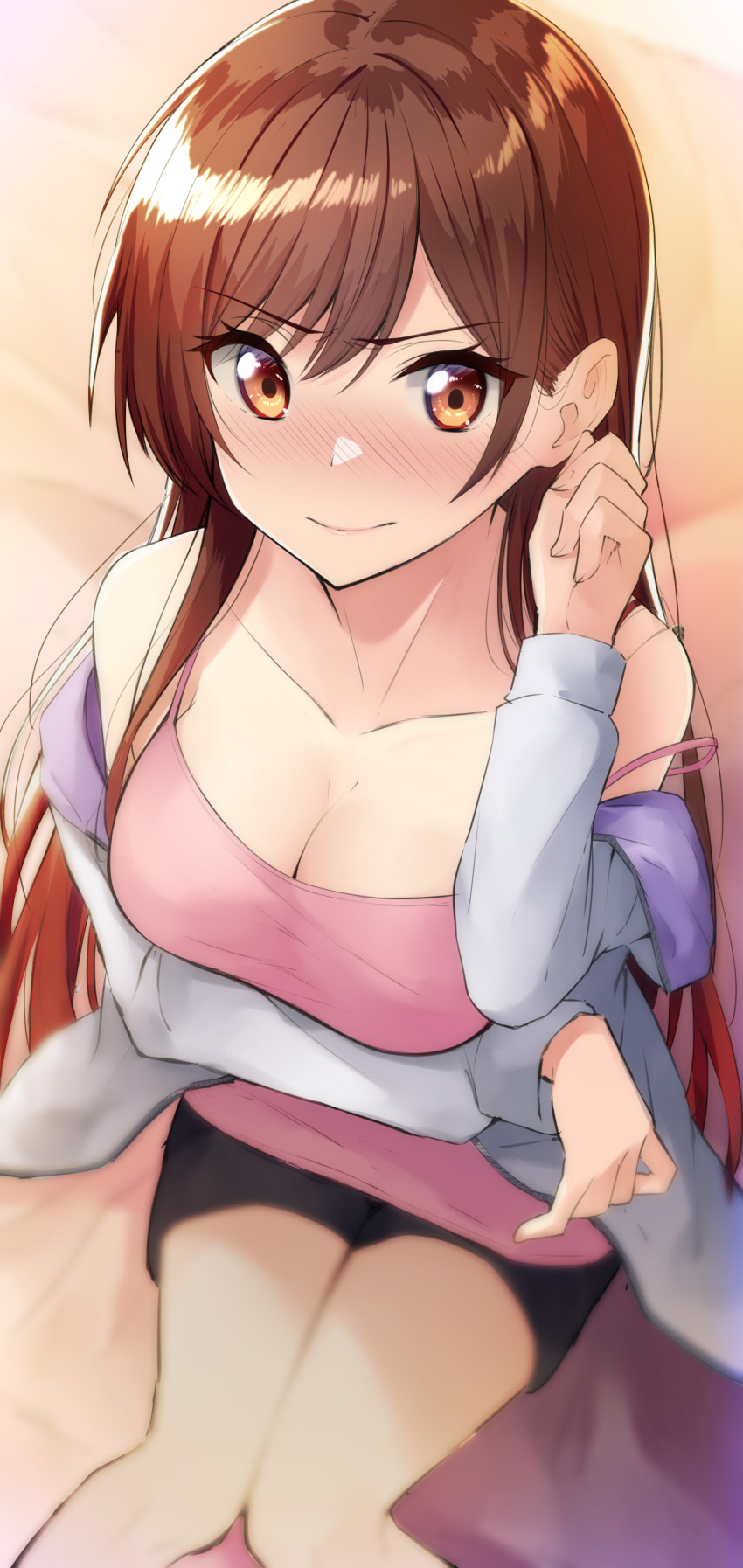 absurdres arm_under_breasts bed bed_sheet black_shorts blurry blush breasts brown_eyes brown_hair cleavage collarbone depth_of_field female from_above grey_jacket hair_over_shoulder hand_on_own_ear hand_up highres jacket kanojo_okarishimasu large_breasts long_hair long_sleeves looking_at_viewer megurumiru mizuhara_chizuru on_bed open_clothes open_jacket shorts sitting solo strap_slip tank_top