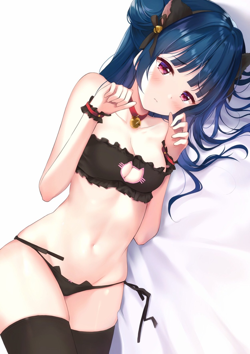 animal_ears animal_print bell black_bra black_panties black_thighhighs blue_hair bra breasts cat_cutout cat_ear_panties cat_print cleavage cleavage_cutout closed_mouth clothing_cutout collar depe fake_animal_ears female frills hair_bun hairband highres jingle_bell long_hair love_live! love_live!_sunshine!! lying medium_breasts navel on_side panties paw_pose print_panties red_eyes simple_background single_hair_bun single_side_bun solo stomach thighhighs tsushima_yoshiko underwear white_background wrist_cuffs