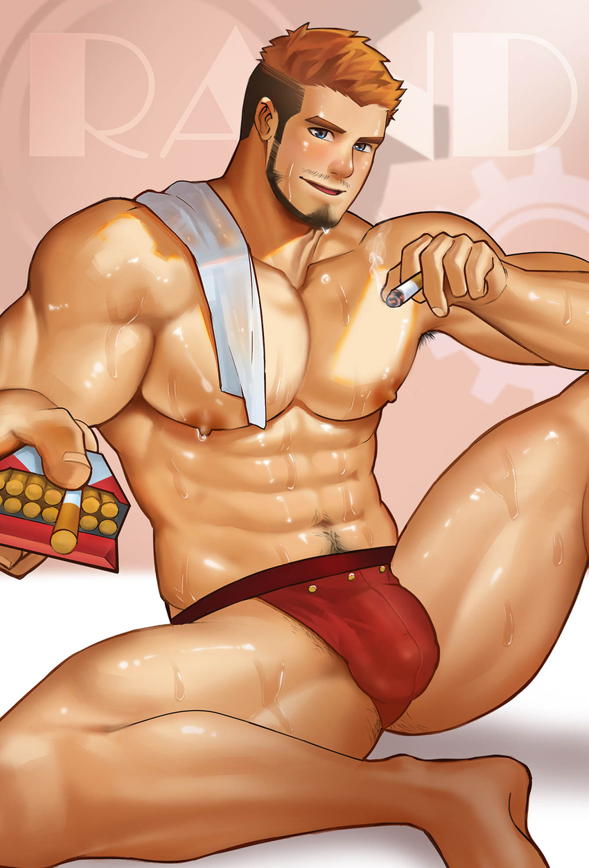 1boy abs ass_hair bara beard blue_eyes blush briefs brown_hair bulge character_name cigarette cigarette_pack commission facial_hair gyee highres holding holding_cigarette incoming_gift large_pectorals looking_at_viewer male_focus male_underwear miesicomic multicolored_hair muscular muscular_male navel nipples orange_hair pectorals rand red_male_underwear short_hair smile solo sweat sweatdrop thighs topless_male towel towel_on_one_shoulder two-tone_hair undercut underwear wet