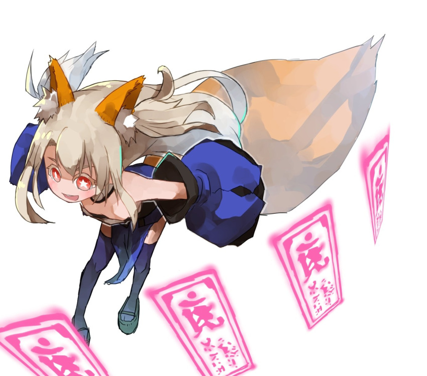 +_+ animal_ears blue_bow blue_kimono bow commentary_request cosplay fate/extra fate/kaleid_liner_prisma_illya fate_(series) female fox_ears fox_girl fox_tail highres illyasviel_von_einzbern japanese_clothes kimono kitsune kokosu looking_at_viewer ofuda prisma_illya smile solo star-shaped_pupils star_(symbol) symbol-shaped_pupils tail tamamo_(fate) tamamo_no_mae_(fate/extra) tamamo_no_mae_(fate/extra)_(cosplay) weapon