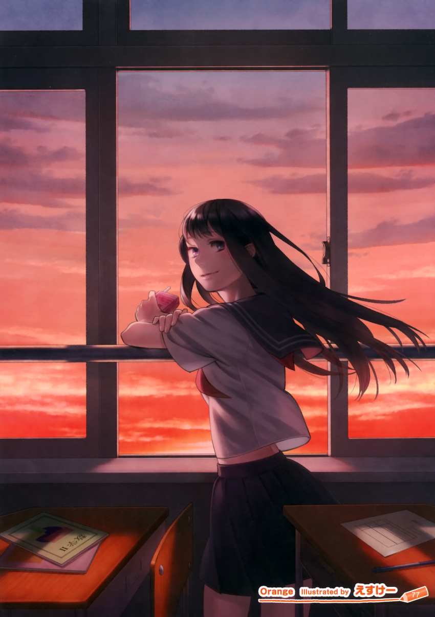 absurdres black_eyes black_hair book chair classroom cloud desk esukee female highres indoors juice juice_box long_hair looking_at_viewer looking_back original paper pencil pleated_skirt school_desk school_uniform serafuku skirt sky smile solo sunset textbook wind window