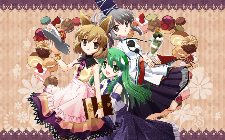 3girls angel_french apron blush breasts brown_eyes brown_hair cake cake_slice chocolate commentary_request cream_puff cup dessert detached_sleeves doughnut earmuffs food french_cruller frog fruit green_eyes green_hair grey_eyes grey_hair hair_ornament hat highres holding holding_menu japanese_clothes kochiya_sanae long_hair macaron matcha_(food) matcha_parfait medium_breasts menu mononobe_no_futo mont_blanc_(food) multiple_girls open_mouth pancake parfait pastry ponytail s_nyaau shirt short_hair skirt sleeveless sleeveless_shirt small_breasts smile snake strawberry strawberry_shortcake strawberry_syrup swiss_roll tate_eboshi touhou toyosatomimi_no_miko tray