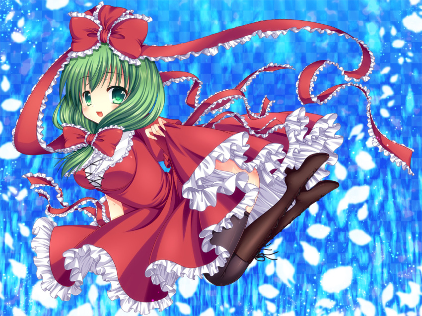 asazuki_kanai black_thighhighs boots bow breasts clothes_lift commentary_request dress female frills front_ponytail green_eyes green_hair hair_ribbon hairbow kagiyama_hina medium_breasts no_panties open_mouth photoshop_(medium) ribbon skirt skirt_lift smile solo thighhighs touhou