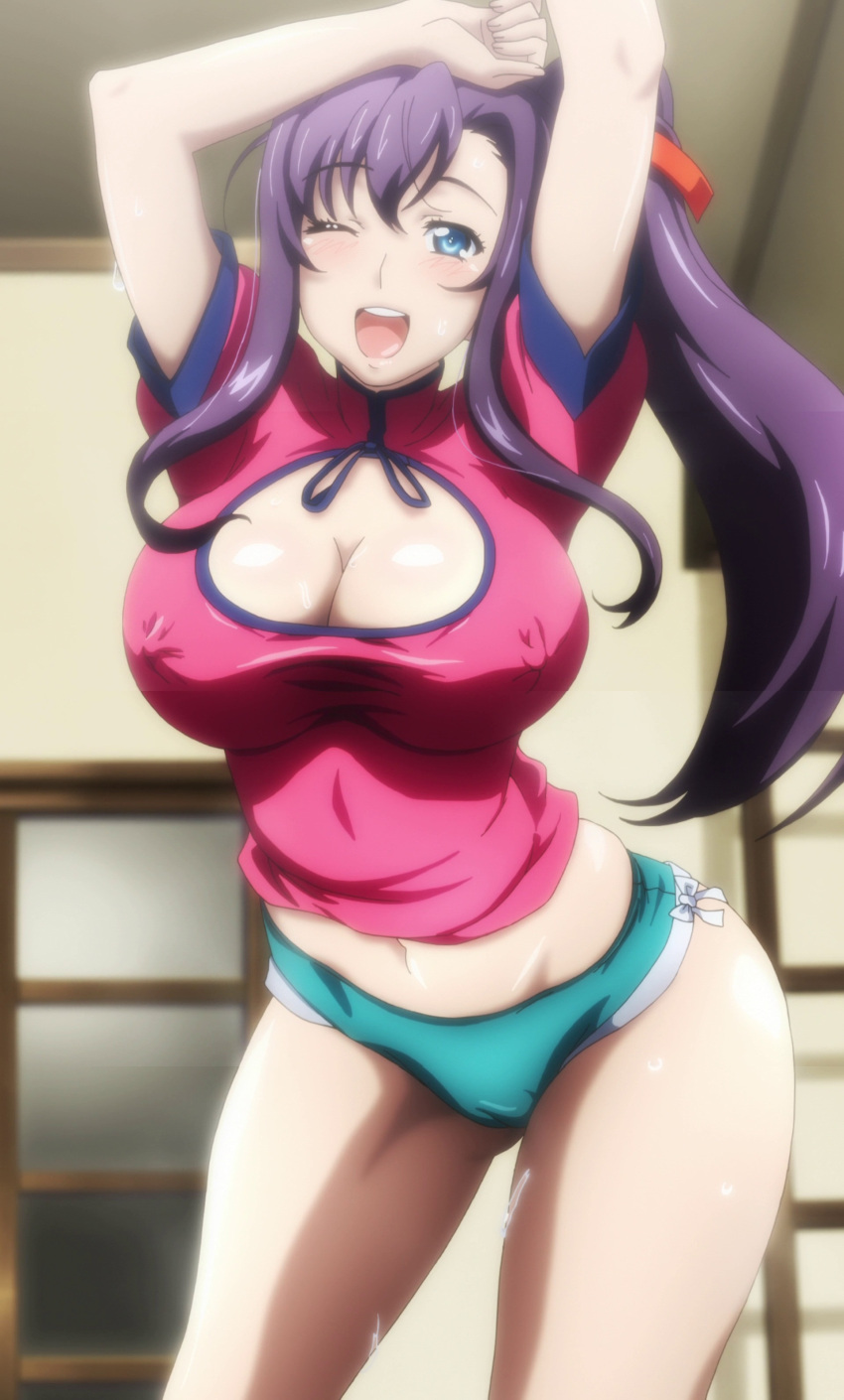 absurdres amaya_haruko arms_up blue_eyes blush breasts cleavage cleavage_cutout door erect_nipples female female fingernails girl green_panties hair_between_eyes hair_ribbon head_tilt highres hips indoors ladder large_breasts long_hair looking_at_viewer maken-ki maken-ki! midriff navel no_pants open_mouth panties ponytail purple_hair ribbon screencap shiny shiny_skin short_sleeves smile solo standing stitched sweat teeth thighs turtleneck underwear