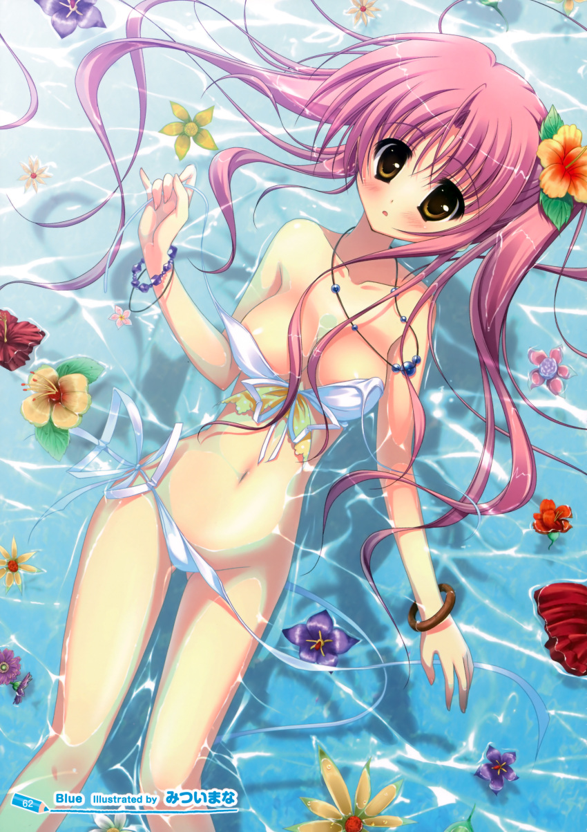 absurdres afloat artist_request bare_shoulders bikini blush bracelet breasts cleavage collarbone female floating flower groin hair_flower hair_ornament highres jewelry long_hair looking_at_viewer lying mitsui_mana mound_of_venus navel necklace on_back open_mouth original panties pink_hair side-tie_bikini side-tie_panties solo submerged swimsuit underwear untied wardrobe_malfunction water yellow_eyes