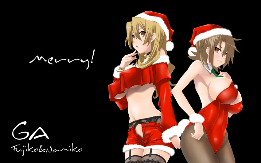 2girls bad_id bad_pixiv_id bare_shoulders black_legwear breasts christmas covered_nipples eunos ga_geijutsuka_art_design_class garter_straps highres huge_breasts lace lace-trimmed_legwear lace_trim large_breasts legs leotard midriff multiple_girls navel nozaki_fujiko nozaki_namiko open_clothes open_fly open_shorts pantyhose photoshop_(medium) playboy_bunny rabbit_tail red_leotard santa_costume shorts tail thighhighs thighs underboob unzipped