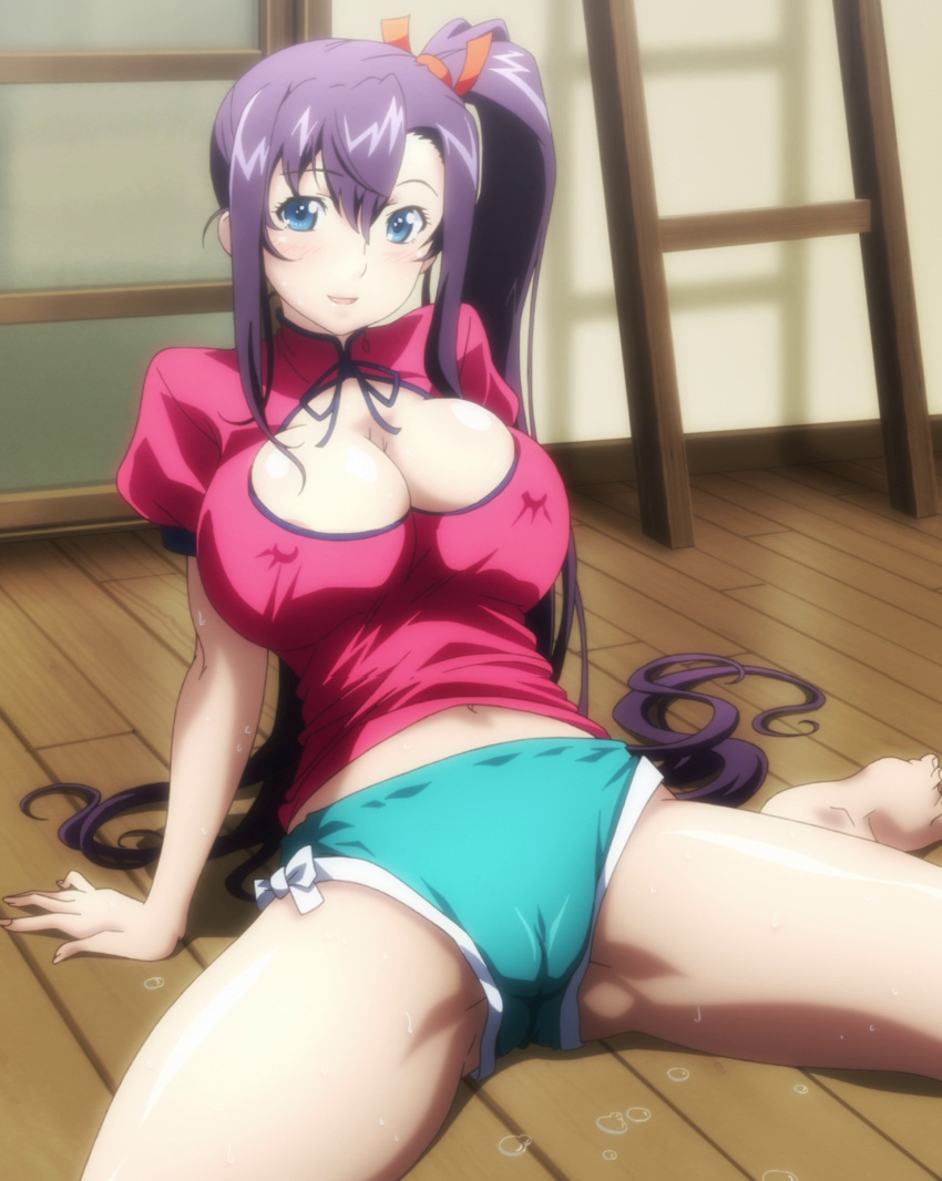 absurdres amaya_haruko arm_support barefoot blue_eyes blush breasts cameltoe cleavage cleavage_cutout door erect_nipples feet female female fingernails floor green_panties hair_between_eyes hair_ribbon highres indoors ladder large_breasts legs long_hair looking_at_viewer maken-ki maken-ki! midriff navel no_panties on_floor open_mouth panties purple_hair ribbon screencap shadow short_sleeves side_ponytail sitting smile solo spread_legs stitched sweat thighs turtleneck underwear wooden_floor