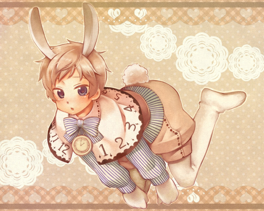 1boy alice_in_wonderland animal_ears axis_powers_hetalia blonde_hair blush clock commentary_request cosplay full_body latvia_(hetalia) male_focus open_mouth purple_eyes rabbit rabbit_boy rabbit_ears rabbit_tail ribbon sensaki_chihiro solo tail white_rabbit_(alice_in_wonderland) white_rabbit_(alice_in_wonderland)_(cosplay)