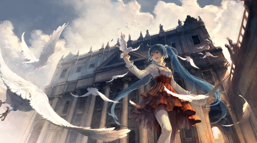 aqua_eyes aqua_hair architecture bird cloud cloudy_sky commentary_request day dove dress feathers female flock garter_straps hatsune_miku italy long_hair outdoors perspective rome_(city) silverwing sky smile solo st._peter's_square thighhighs twintails vatican very_long_hair vocaloid white_thighhighs