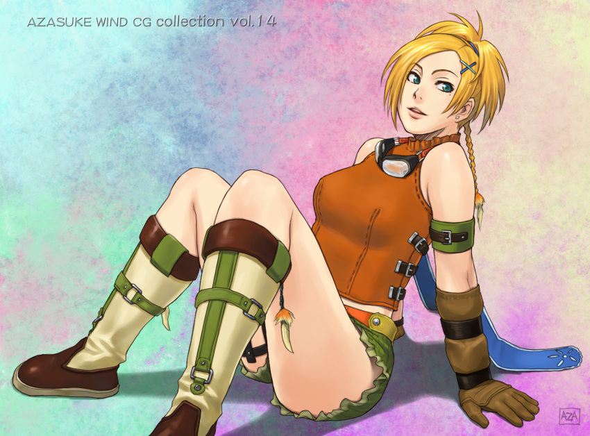 azasuke bare_shoulders blonde_hair boots braid breasts earrings female final_fantasy final_fantasy_x gloves green_eyes hair_ornament hairclip highres jewelry large_breasts open_mouth pigtail ponytail rikku shadow short_hair shorts sitting smile thighhighs