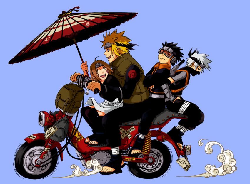 3boys :d backpack bag black_eyes black_hair blonde_hair blue_eyes brown_eyes brown_hair female flak_jacket forehead_protector hatake_kakashi motor_vehicle multiple_boys namikaze_minato naruto naruto_shippuuden nohara_rin open_mouth randoseru rin_(naruto) scooter sitting smile torimaru-douhu uchiha_obito umbrella vehicle white_hair young younger