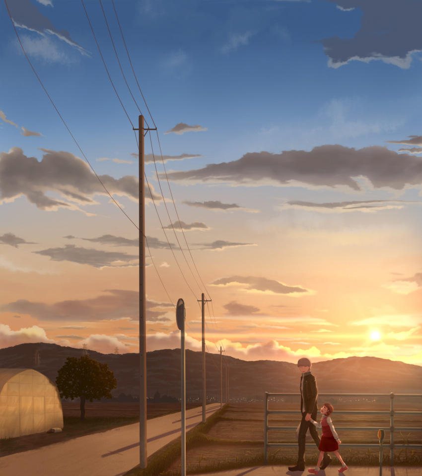 1boy brown_eyes brown_hair closed_eyes cloud commentary_request doujima_nanako evening female greenhouse grey_hair highres holding_hands lolicon looking_down looking_up narukami_yuu outdoors persona persona_4 road scenery short_hair sky sunset twintails walking yuugure