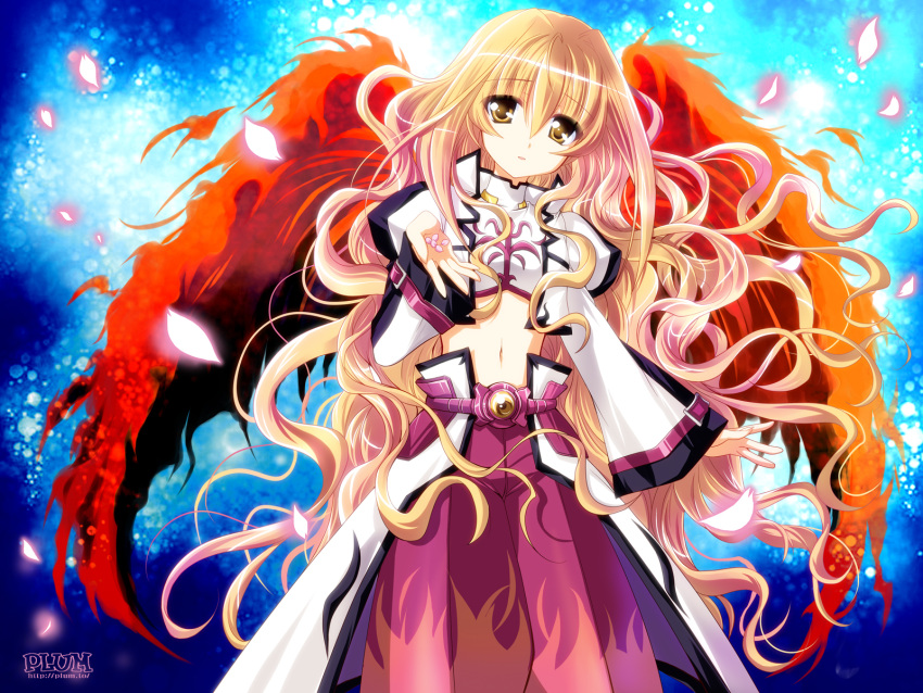 belt blonde_hair cherry_blossoms commentary_request female fiery_wings flat_chest highres kanna_(plum) long_hair looking_at_viewer lyrical_nanoha mahou_shoujo_lyrical_nanoha mahou_shoujo_lyrical_nanoha_a's mahou_shoujo_lyrical_nanoha_a's_portable:_the_gears_of_destiny midriff navel photoshop_(medium) solo very_long_hair wide_sleeves wings yellow_eyes yuri_eberwein