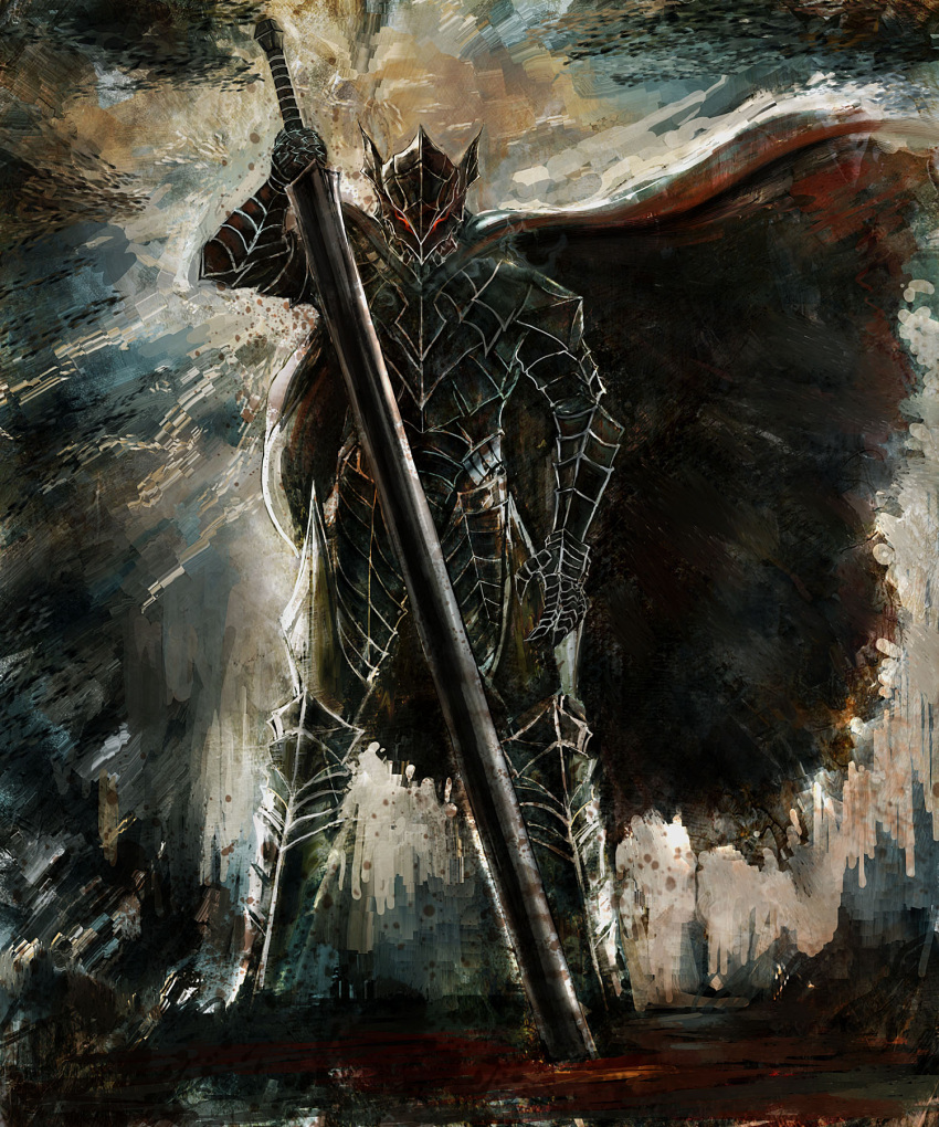 1boy armor bccp berserk berserker_armor black_armor cape clawed_gauntlets commentary_request dragonslayer_(sword) full_armor gauntlets guts_(berserk) helmet highres huge_weapon knight male_focus photoshop_(medium) red_eyes solo standing sword weapon