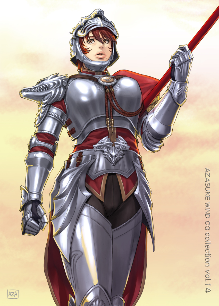 armor azasuke brown_eyes brown_hair female gauntlets helmet highres hilde hildegard_von_krone knight lipstick makeup mole solo soul_calibur soul_calibur_iv soulcalibur_iv standing weapon wolf_head yellow_eyes