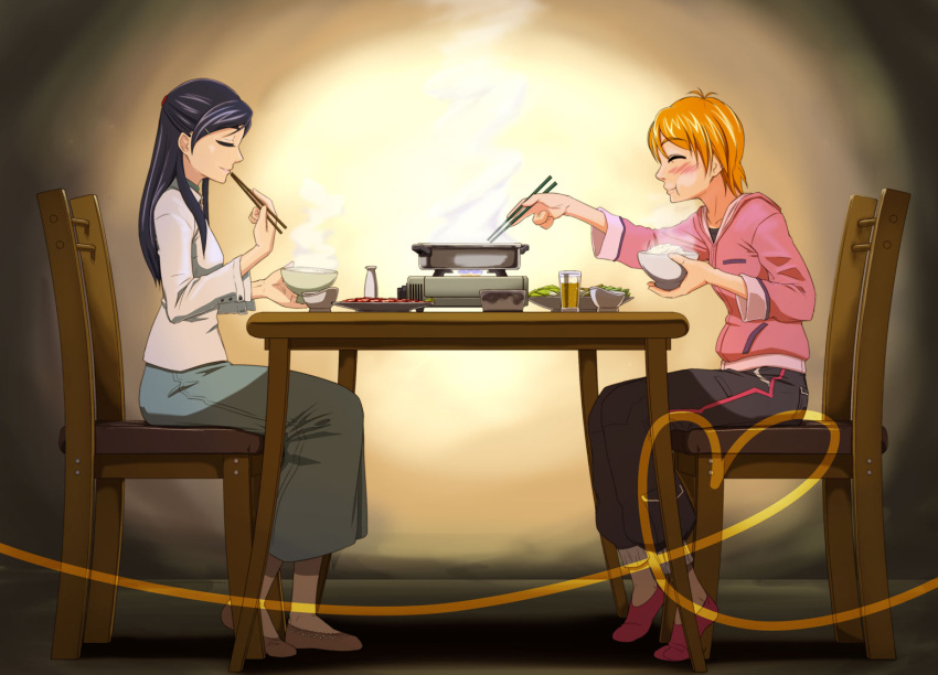 2girls aged_up alcohol beer black_hair blush bowl brown_hair chopsticks closed_eyes commentary_request eating food futari_wa_precure holding holding_chopsticks hotpot jacket long_hair meat misumi_nagisa multiple_girls navex pants photoshop_(medium) portable_stove precure rice sake short_hair skirt soy_sauce_bottle sukiyaki table yukishiro_honoka