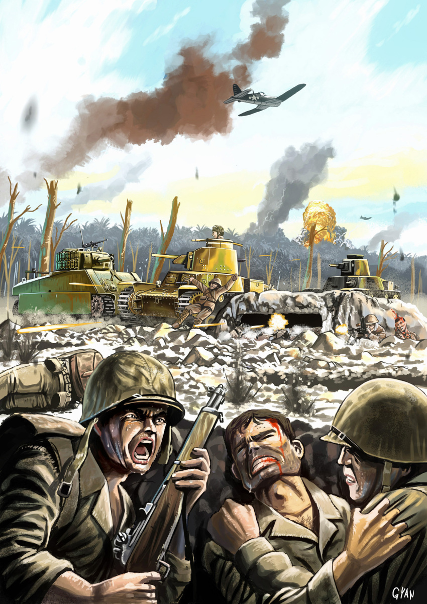 6+boys aircraft airplane back battle_of_peleliu battlefield bleeding blood blood_in_mouth blood_on_face bottle brown_hair buckle bunker camouflage caterpillar_tracks chest_hair clenched_teeth closed_eyes clothes_grab combat_helmet commentary corpse day death explosion f4u_corsair falling fire firing forest gun gyan_(akenosuisei) hand_on_another's_shoulder headshot helmet highres holding holding_gun holding_weapon injury looking_at_another lying m1_garand m1_helmet m4_sherman machine_gun medium_tank military military_uniform military_vehicle motor_vehicle multiple_boys nature on_side open_mouth original pfc_robert_leckie photoshop_(medium) pouch rifle signature sky smoke soldier star_(symbol) tank teeth the_pacific tree type_95_ha-gou type_96_light_machine_gun uniform united_states_marine_corps war weapon wince world_war_ii