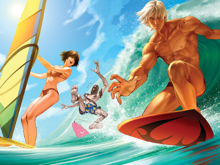 1boy abs bikini blue_eyes blue_sky brown_hair cloud dante_(devil_may_cry) day demon devil_may_cry_(series) female jo_chen lady_(devil_may_cry) male_swimwear muscular psm short_hair shorts sky sun surfboard surfing swim_briefs swim_trunks swimsuit waves white_hair windsurfing