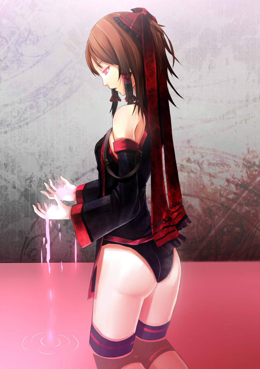 absurdres alternate_costume arms_up ass bare_shoulders black_panties black_thighhighs bow brown_hair commentary_request detached_sleeves dripping female hair_tubes hairbow hakurei_reimu highres looking_down panties red_bow red_eyes reio_reio short_hair solo thighhighs touhou underwear wading