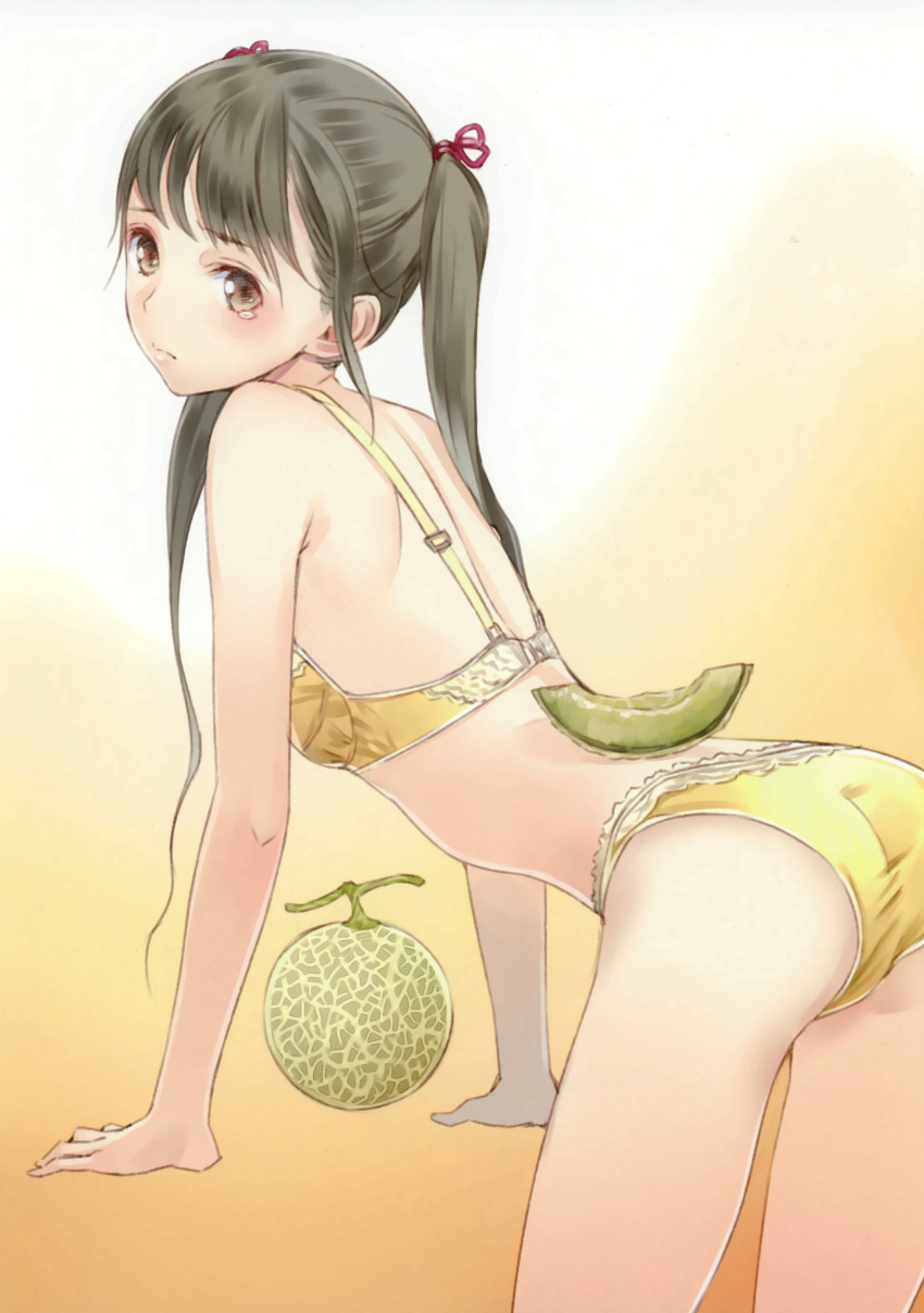 absurdres arched_back arm_support ass back bare_shoulders bent_over black_eyes black_hair bra brown_eyes cantaloupe female flat_chest food fruit gradient_background hair_ribbon highres kishida_mel leaning_forward lingerie long_hair looking_back melon original paint.net_(medium) panties ribbon simple_background solo tears twintails underwear underwear_only white_background yellow_background yellow_bra