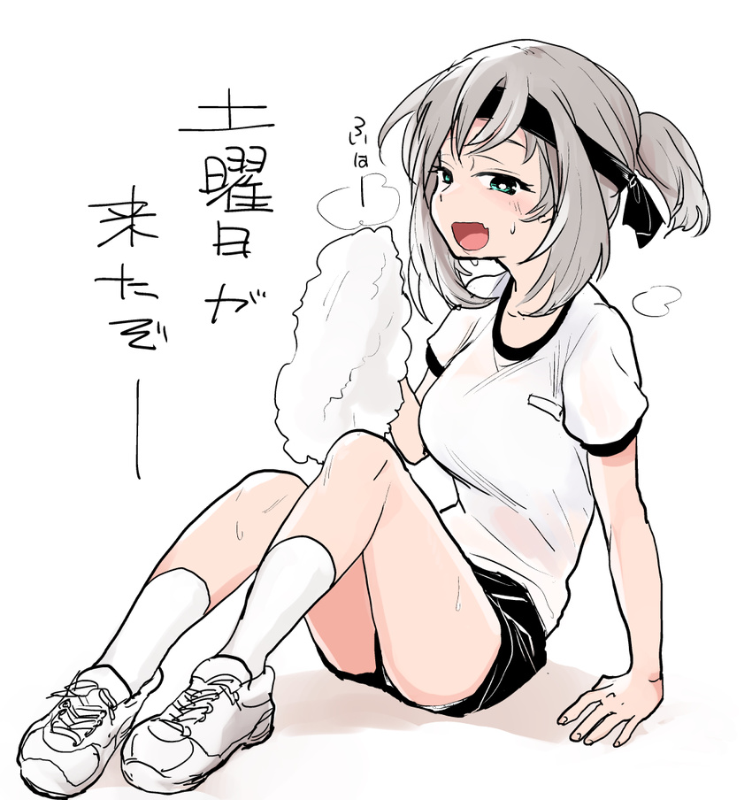 :d azu_(azu401) bad_id bad_twitter_id blue_eyes female grey_hair gym_uniform kneehighs looking_at_viewer open_mouth ponytail sitting smile socks solo sweat tejina_senpai tejina_senpai_(series) towel translated white_socks