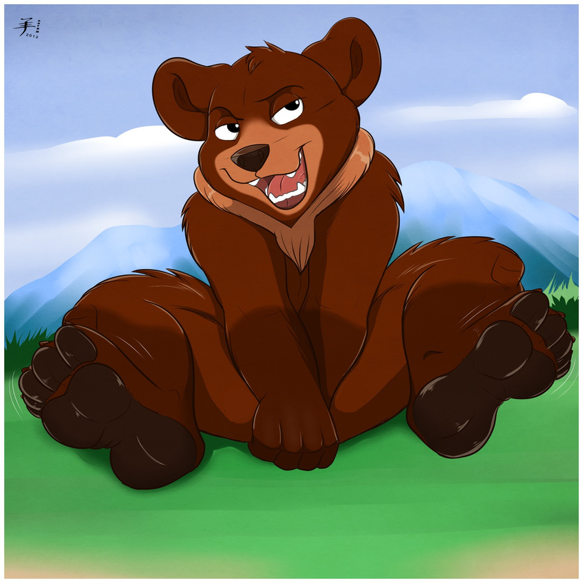 1:1 4_toes aaron_(artist) bear black_nose brother_bear brown_bear brown_body brown_fur claws disney feet feral fur grass grizzly_bear hi_res inner_ear_fluff koda_(brother_bear) male mammal markings nature open_mouth pawpads plant simple_background sitting soles solo teeth toe_claws toes tuft ursine young young_feral young_male