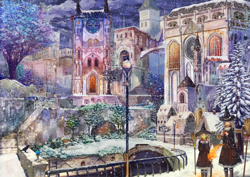 2girls bird broom church cityscape coat commentary_request cup drinking hat highres lamppost long_hair mug multiple_girls original scarf scenery shigureteki snow snowing standing torch tree winter winter_clothes witch witch_hat