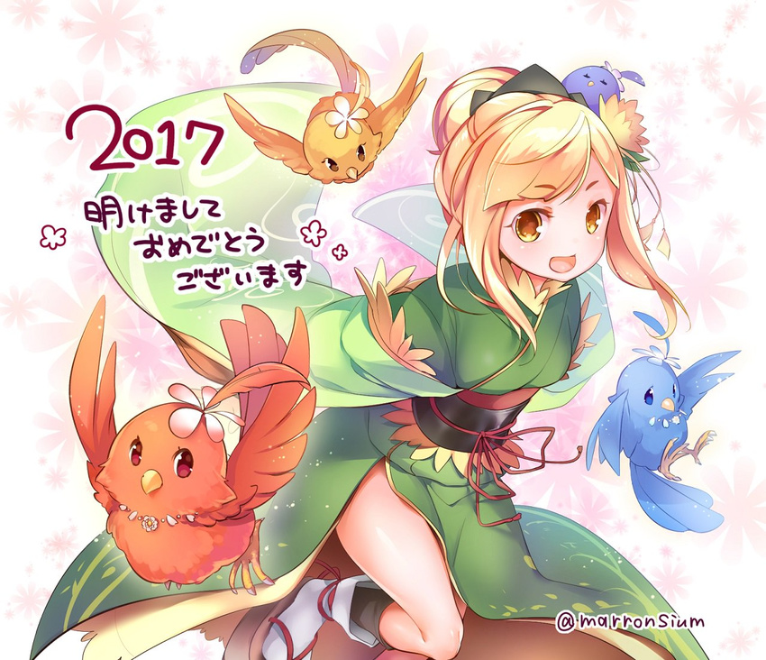 2017 :d animal bird blonde_hair commentary_request female flower_knight_girl fukujyusou_(flower_knight_girl) hair_bun japanese_clothes jewelry kimono looking_at_viewer mg_kurino necklace open_mouth single_hair_bun smile twitter_username v-shaped_eyebrows wide_sleeves yellow_eyes yukata