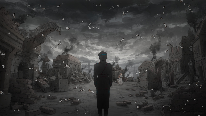 1boy arms_at_sides blonde_hair boots brick burned_paper commentary_request dress female from_behind grey_dress grey_theme hat highres long_hair long_sleeves military military_hat military_uniform original outdoors overcast ruins scenery sky smoke standing uniform wide_shot wind yamada_tokihiko