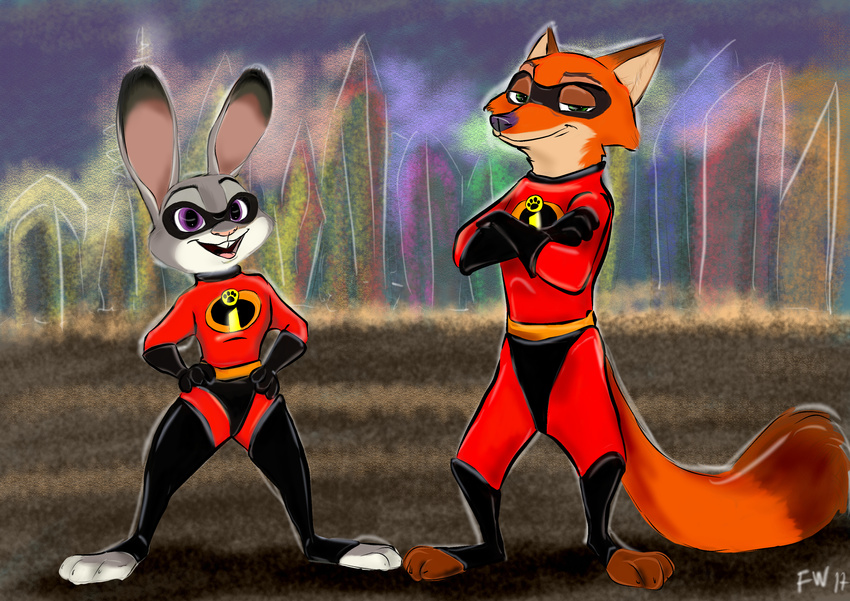 2017 absurd_res anthro bodysuit canid canine clothed clothing disney duo female fox fur green_eyes hi_res judy_hopps lagomorph leporid male mammal mask murlik nick_wilde pixar purple_eyes rabbit skinsuit the_incredibles tight_clothing zootopia