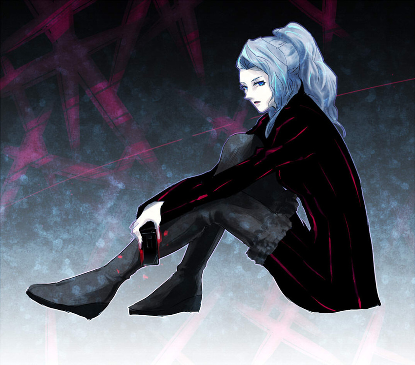 black_footwear black_thighhighs blue_eyes boots cellphone chou_shittou_caduceus commentary_request female formal fur-trimmed_boots fur_trim hospital_rokunin_no_ishi long_hair looking_at_viewer mira_kimishima phone pinstripe_pattern pinstripe_suit ponytail satou_karume serious silver_hair sitting solo striped suit thigh_boots thighhighs