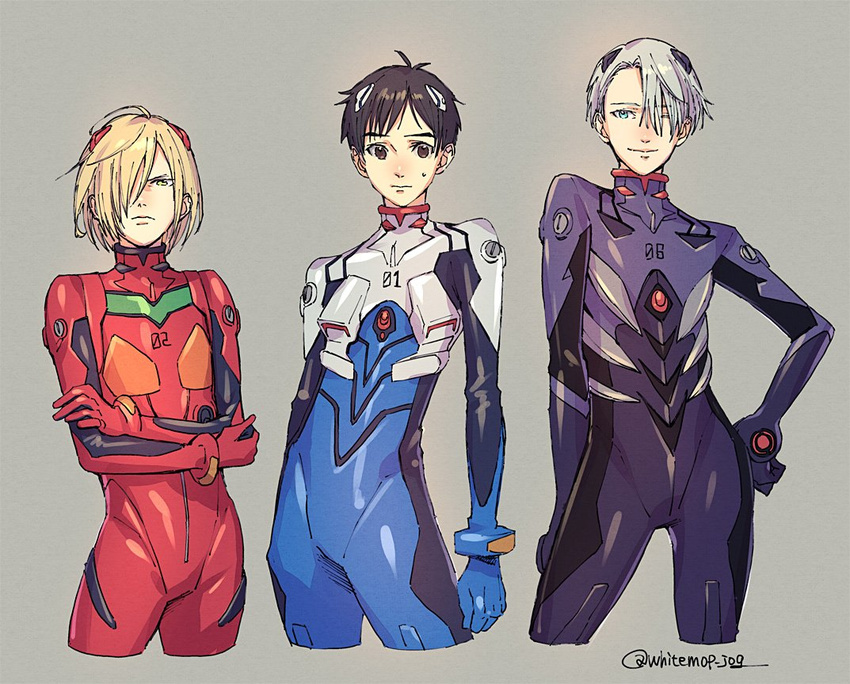 >:( 3boys :| ahoge antenna_hair arm_at_side black_bodysuit black_hair blonde_hair blue_bodysuit blue_eyes bodysuit bracer closed_mouth commentary_request contrapposto cosplay cowboy_shot cropped_legs crossed_arms evangelion:_2.0_you_can_(not)_advance facing_viewer frown gloves grey_background grey_eyes grey_hair hair_over_one_eye hand_on_own_hip headgear ikari_shinji ikari_shinji_(cosplay) interface_headset katsuki_yuuri legs_apart lineup male_focus multicolored_bodysuit multicolored_clothes multiple_boys nagisa_kaworu nagisa_kaworu_(cosplay) neon_genesis_evangelion one_eye_closed parted_bangs pilot_suit plugsuit rebuild_of_evangelion red_bodysuit serious simple_background souryuu_asuka_langley souryuu_asuka_langley_(cosplay) standing sweatdrop twitter_username v-shaped_eyebrows viktor_nikiforov whitemop_jog yellow_eyes yuri!!!_on_ice yuri_plisetsky