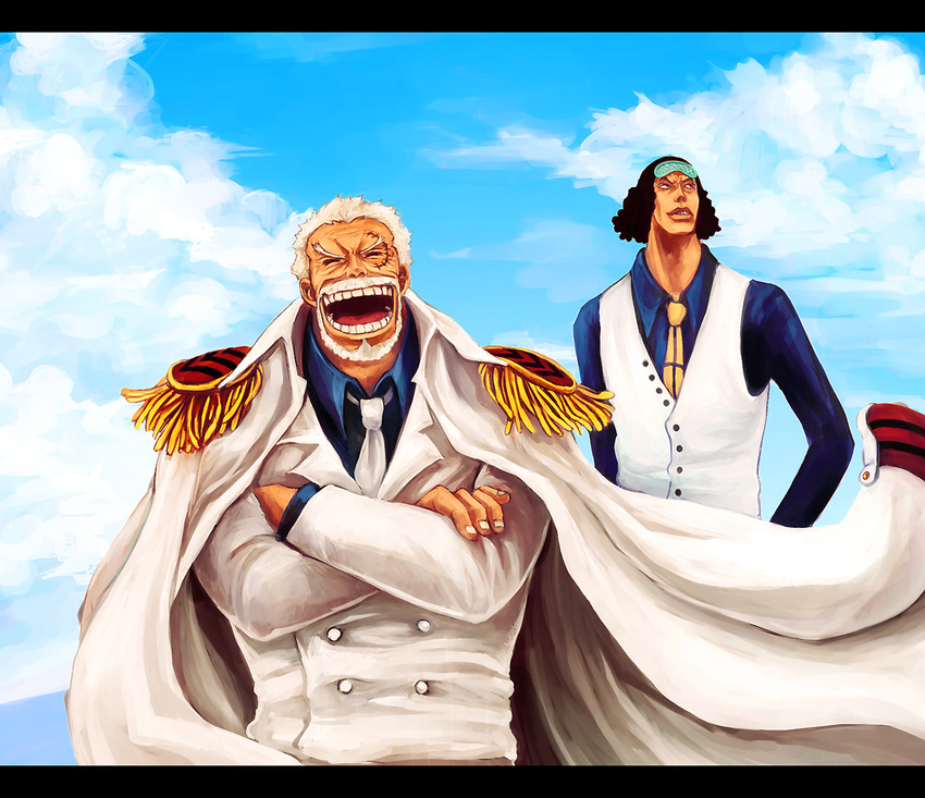 2boys bad_id bad_pixiv_id beard black_hair cape cloud crossed_arms curly_hair day facial_hair happy kuzan_(aokiji) male_focus marine_uniform_(one_piece) monkey_d._garp multiple_boys old old_man one_piece photoshop_(medium) scar sky tsuyomaru white_hair