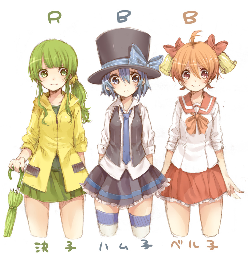 3girls bell bellko_(rbb) blue_thighhighs bow closed_umbrella commentary_request hamko_(rbb) hat highres ketsuko_(rbb) multiple_girls necktie original raincoat rainybluebell rojiko school_uniform sleeves_pushed_up striped_clothes striped_thighhighs thighhighs top_hat umbrella yellow_raincoat zettai_ryouiki