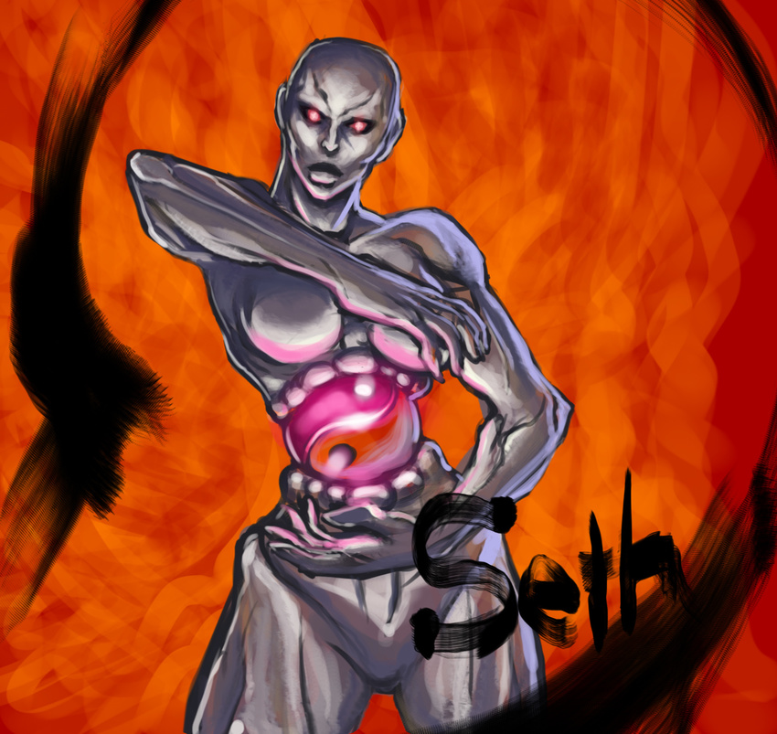 bald bald_girl black_sclera breasts colored_sclera colored_skin female fighting_stance genderswap_(mtf) glowing glowing_eyes grey_skin highres metal_skin midnight_bliss photoshop_(medium) red_eyes rule_63 seth_(street_fighter) street_fighter street_fighter_iv_(series) xiao_wei_li yin_yang