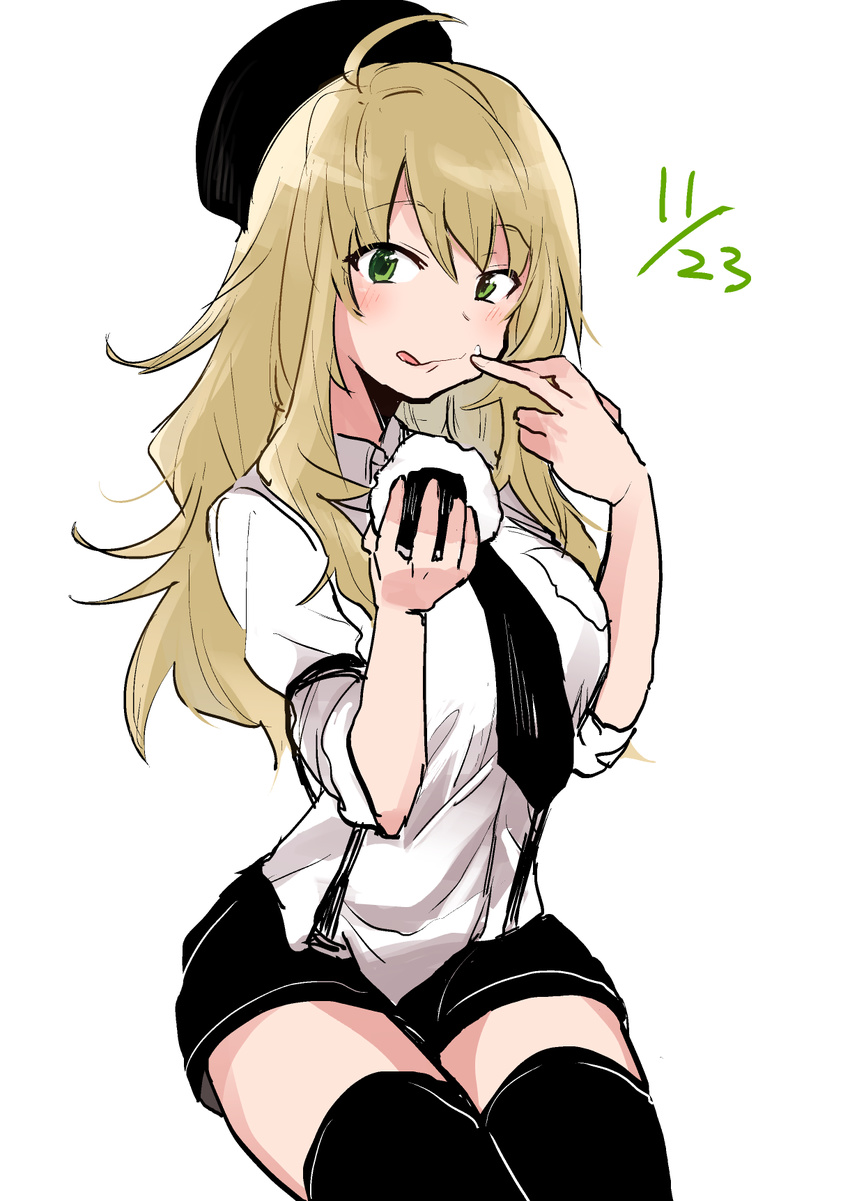 :q azu_(azu401) bad_id bad_twitter_id beret black_thighhighs blonde_hair blush breasts female food green_eyes hat highres hoshii_miki idolmaster idolmaster_(classic) long_hair looking_at_viewer medium_breasts necktie onigiri shorts simple_background sitting smile solo suspenders thighhighs tongue tongue_out white_background