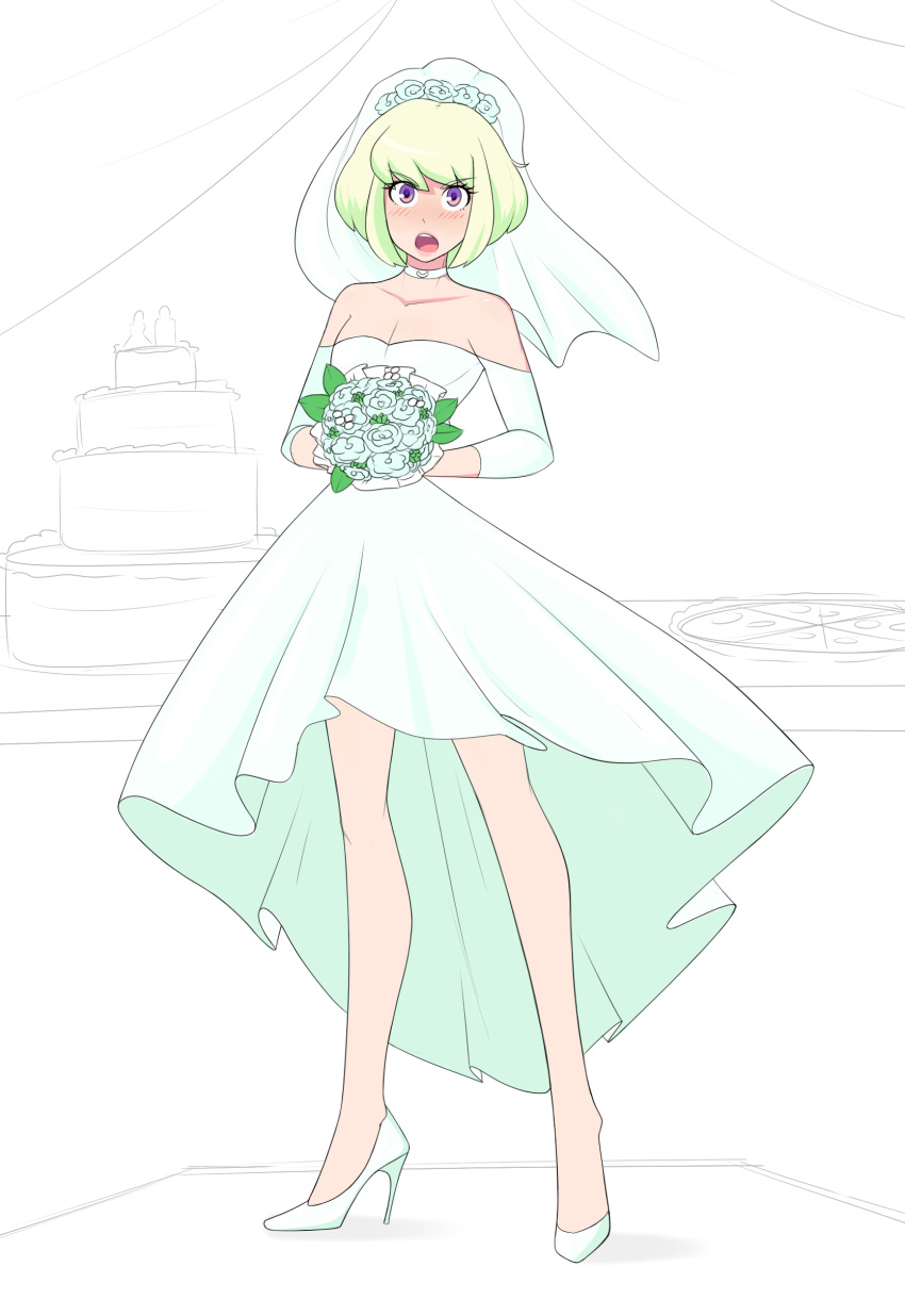 1boy androgynous blonde_hair blush bob_cut bouquet bride choker crossdressing edit femboy flowers garter girly green_hair heels high_heels lio_fotia male male_bride male_only promare purple_eyes sealguy solo third-party_edit trap trap_bride wedding wedding_dress wedding_veil