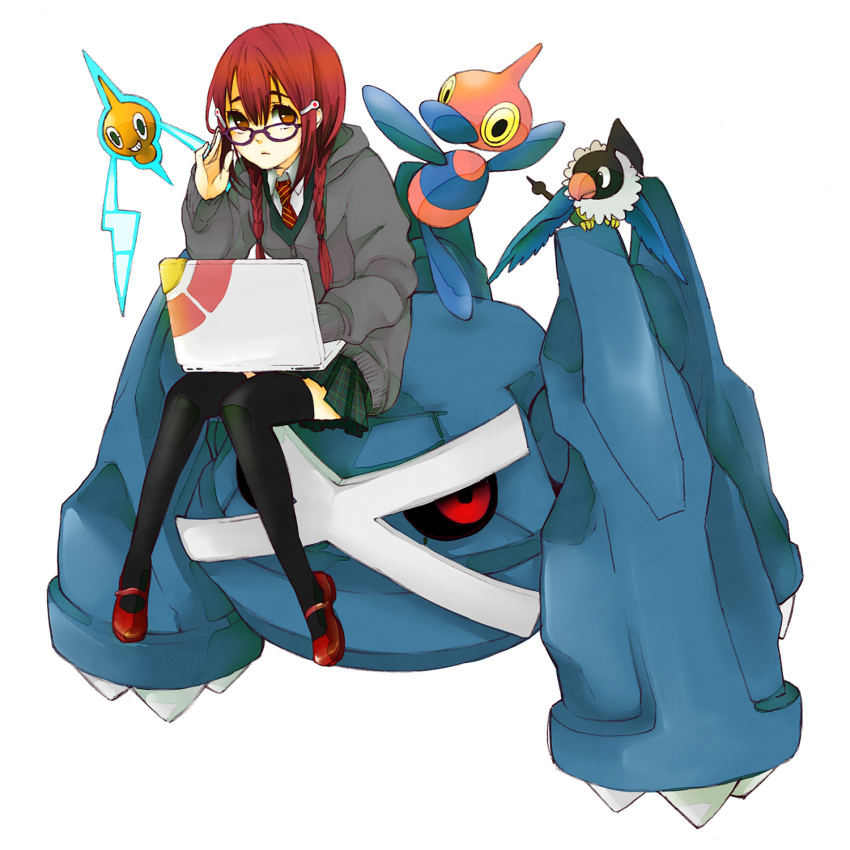 adjusting_eyewear bad_id bad_pixiv_id black_thighhighs blue_beak brown_eyes brown_hair chatot computer female glasses highres laptop legs metagross pixiv_trainer pokemon pokemon_(creature) porygon-z red_eyes rotom rotom_(normal) school_uniform sitting smile thighhighs todoroki_sora yellow_eyes zettai_ryouiki