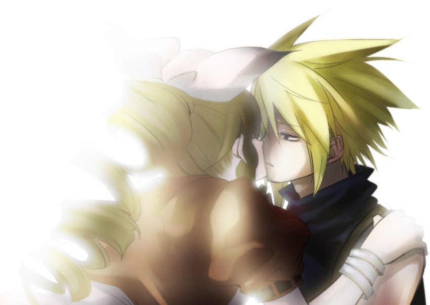 1boy aerith_gainsborough bad_id bad_pixiv_id blonde_hair bow brown_hair cloud_strife couple drill_hair female final_fantasy final_fantasy_vii hairbow hidaka_ryou kissing photoshop_(medium) ponytail short_hair straight turtleneck