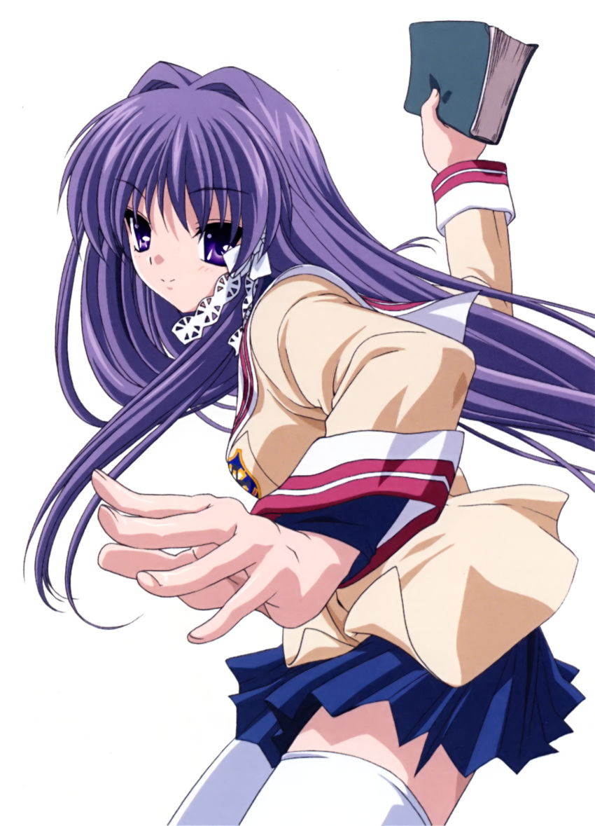 blue_skirt book clannad female fujibayashi_kyou highres hikarizaka_private_high_school_uniform holding holding_book ikeda_kazumi imageboard_desourced imminent_throw long_hair looking_at_viewer non-web_source purple_eyes purple_hair school_uniform simple_background skirt smile solo thighhighs very_long_hair white_background white_thighhighs zettai_ryouiki