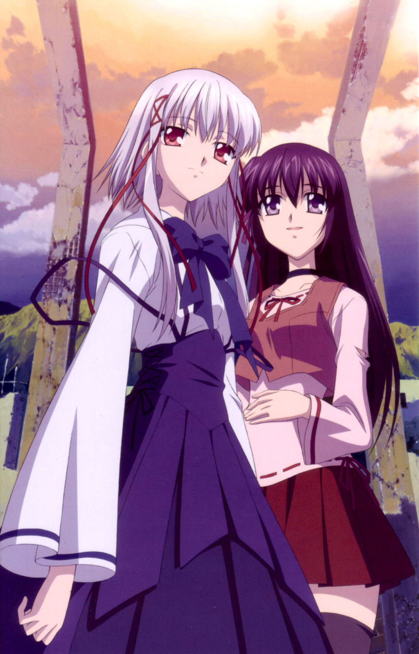 2girls absurdres black_choker black_hair black_thighhighs blue_bow bow choker cloud dress dusk hair_ribbon hand_on_own_stomach highres imageboard_desourced koga_makoto long_hair long_sleeves morimiya_aono multiple_girls non-web_source parted_lips pink_shirt purple_dress purple_eyes red_eyes red_ribbon red_skirt ribbon scan shihou_matsuri shirt short_hair sidelocks silver_hair skirt sky smile sola strap_slip thighhighs torn_sleeve very_long_hair white_shirt zettai_ryouiki