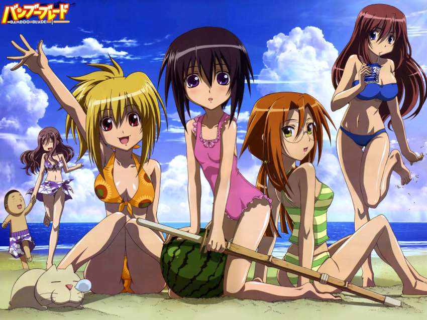 1boy 5girls =_= arm_up azuma_satori bamboo_blade bandeau barefoot beach bikini black_hair blonde_hair blue_eyes blush breasts chiba_kirino cleavage closed_eyes cloud day drinking drinking_straw eiga_danjuurou everyone feet feline flat_chest floral_print flower food frilled_one-piece_swimsuit frills front-tie_top fruit glasses green_eyes grey_hair happy holding_hands imageboard_desourced juice_box kawazoe_tamaki kneeling kuwahara_sayako large_breasts leg_lift long_hair looking_back medium_breasts miyazaki_miyako multiple_girls non-web_source one-piece_swimsuit open_mouth orange_hair outdoors ponytail print_sarong purple_eyes red_eyes red_hair running sarong shinai short_hair sitting sky sleeping small_breasts strapless sunflower_print swimsuit sword tankini thigh_gap tube_top twintails wading water watermelon waving weapon yanagi_shinsuke