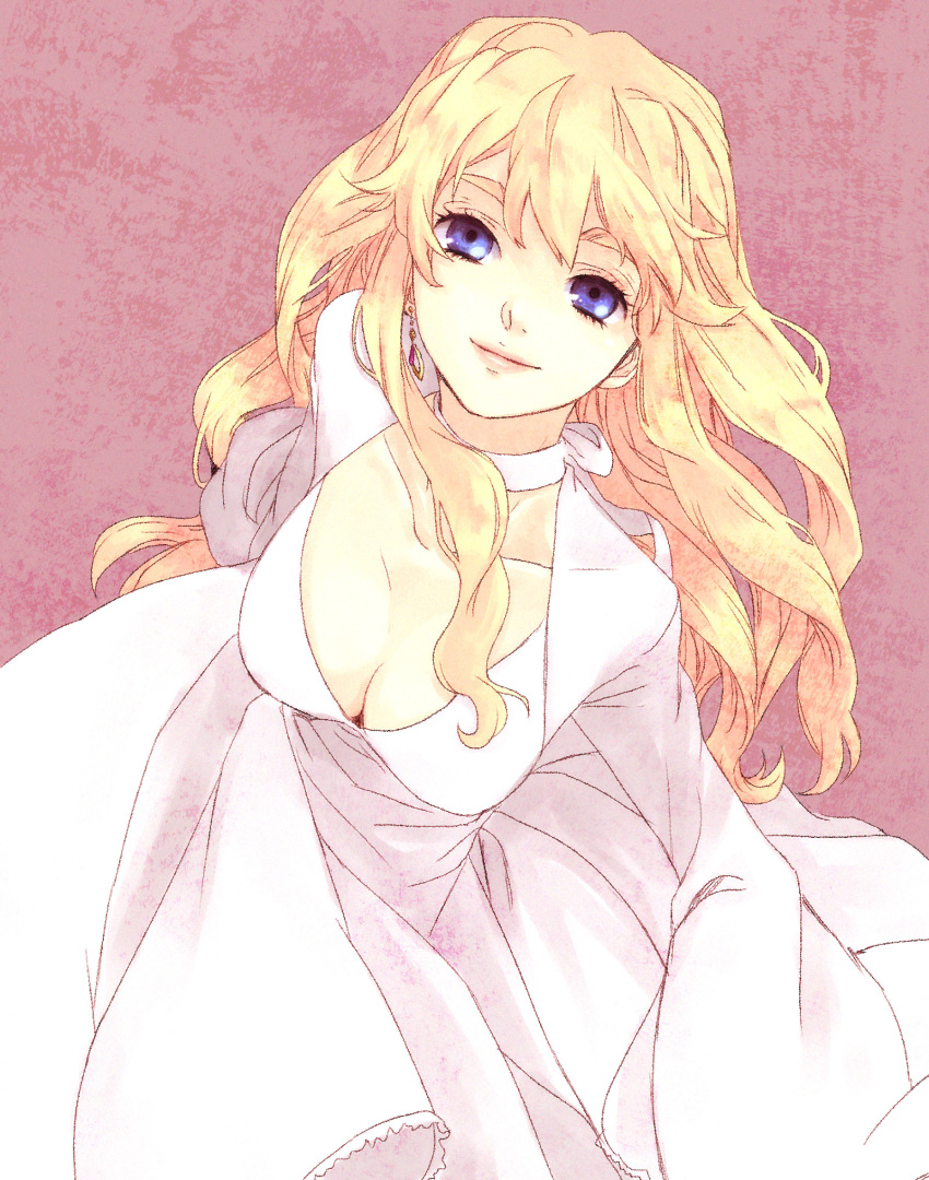 akieru_nomaki blonde_hair blue_eyes breasts cleavage commentary_request dress earrings female highres jewelry long_hair macross macross_frontier photoshop_(medium) sheryl_nome smile solo