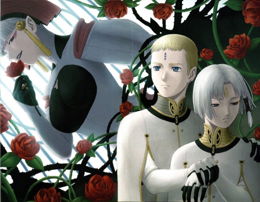 2boys artist_request asymmetrical_hair delphine_eraclea dio_eraclea female flower last_exile lucciola multiple_boys photoshop_(medium) short_hair silver_hair uniform