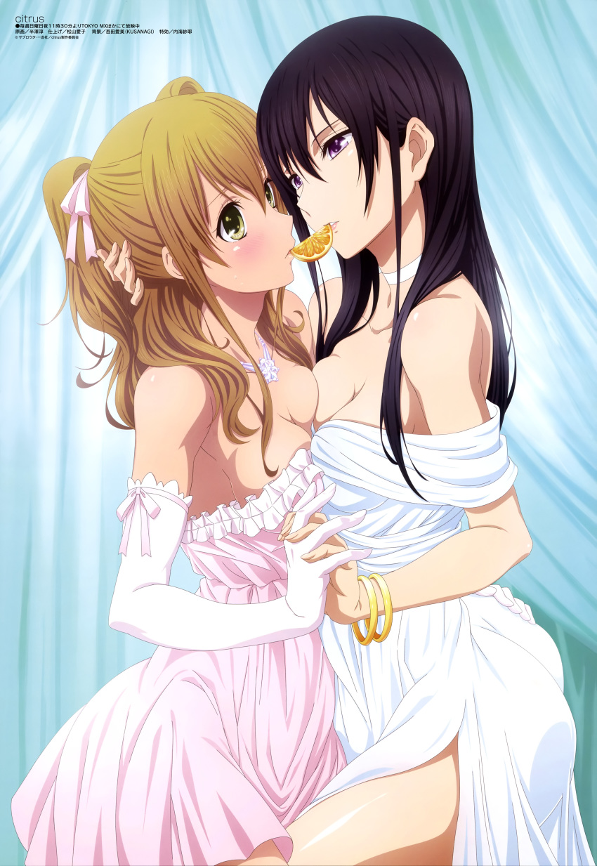 aihara_mei aihara_yuzu black_hair blonde_hair blush boobs breast_frottage breast_to_breast breasts canon_couple citrus_(saburouta) food green_eyes hand_holding hand_on_head incest light_skin orange purple_eyes ribbon shared_food step-incest stepsibling stepsister stepsisters symmetrical_docking wedding_dress wife_and_wife yuri